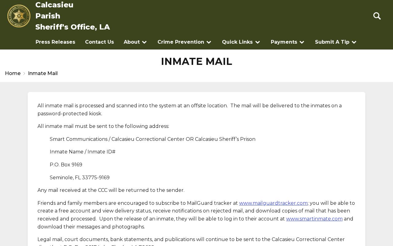 Calcasieu Parish arrest custody inmate mail instructions