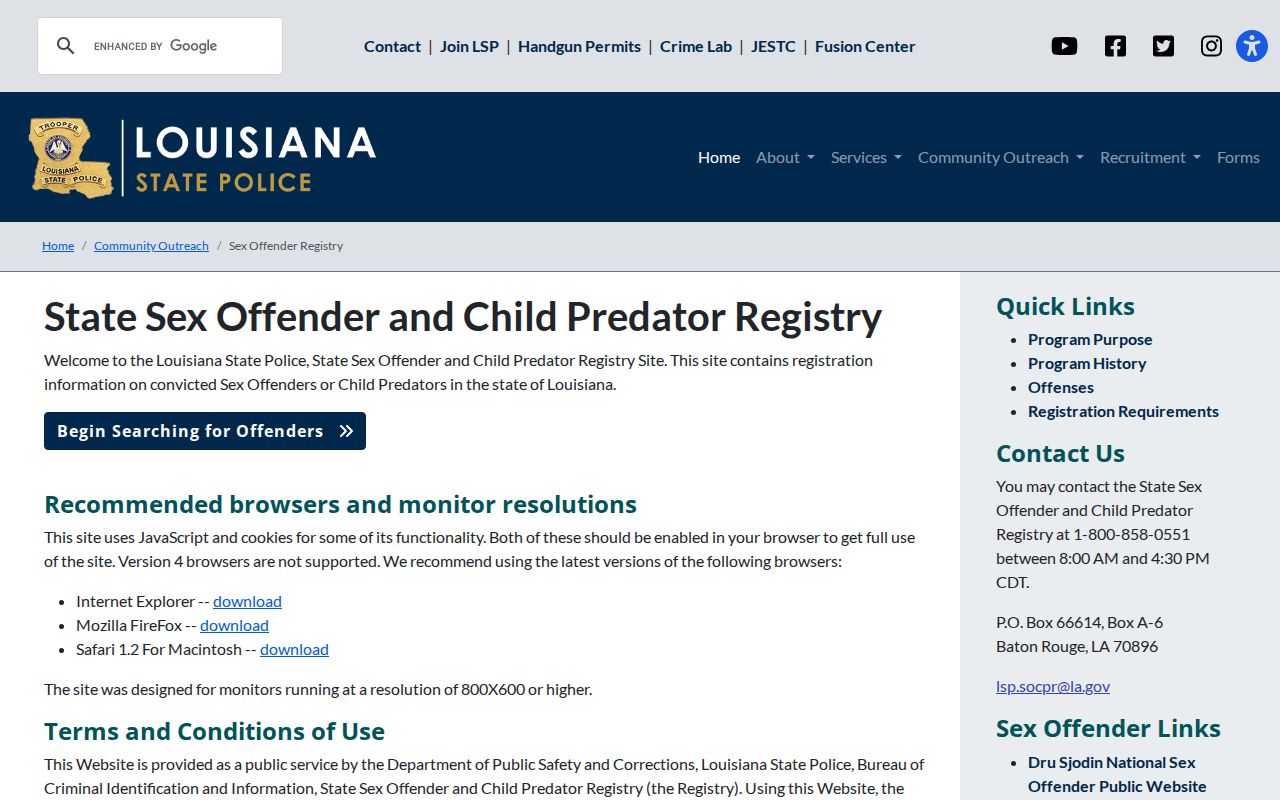 Calcasieu Parish sex offender check through the Louisiana registry