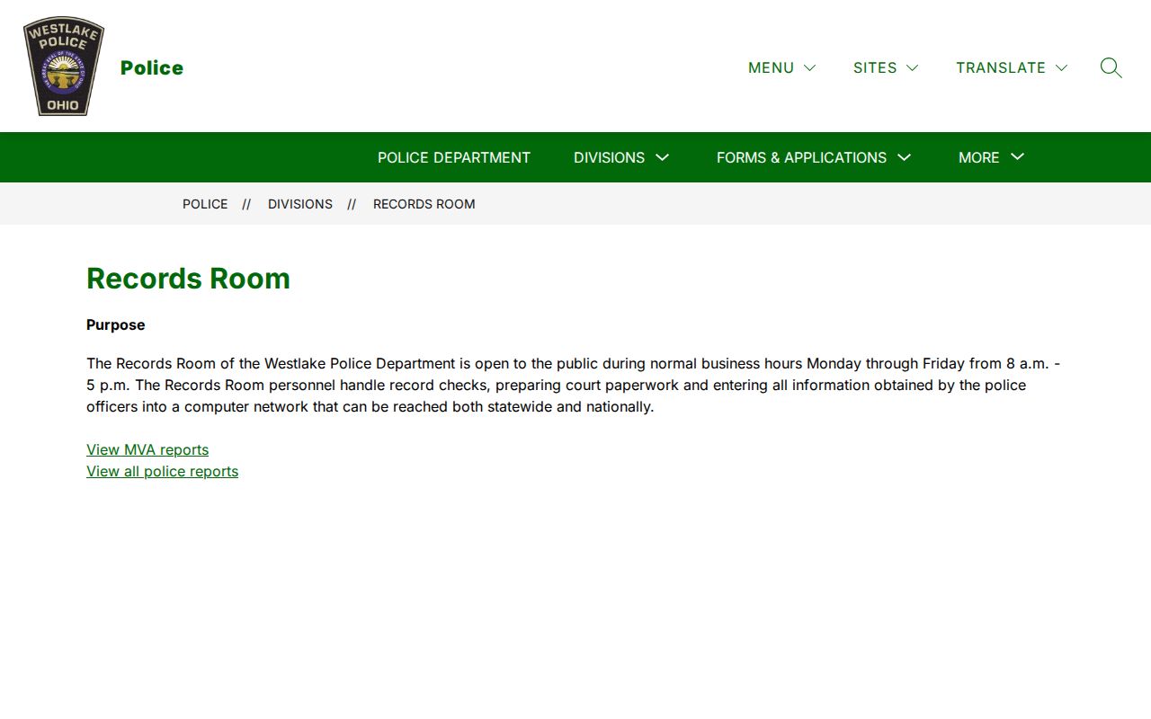 Westlake criminal history police Records Room information